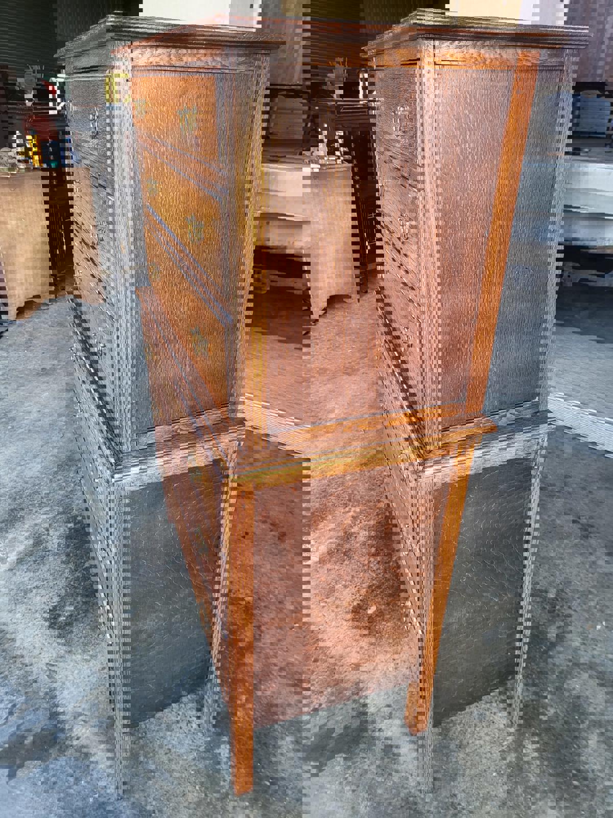 Vintage 1930's oak chest on chest of drawers metal handles