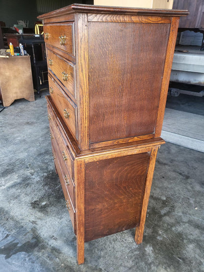 Vintage 1930's oak chest on chest of drawers metal handles