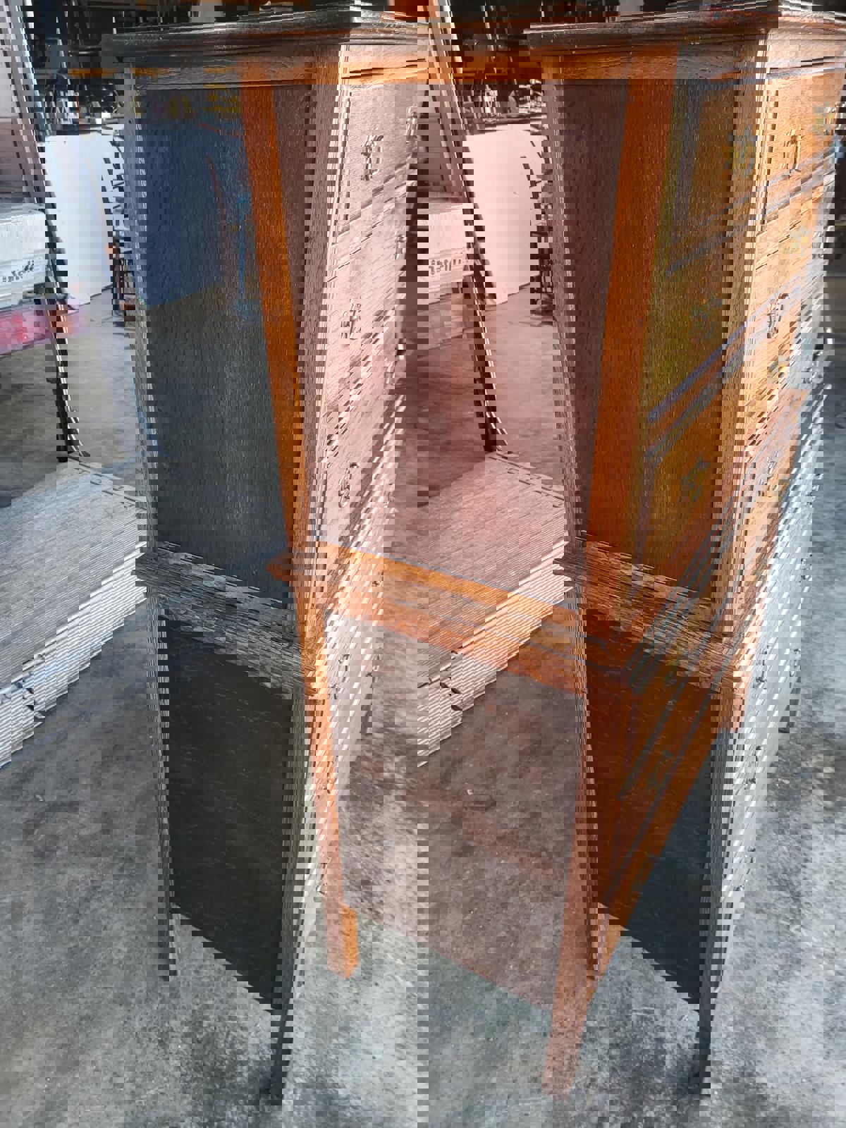 Vintage 1930's oak chest on chest of drawers metal handles