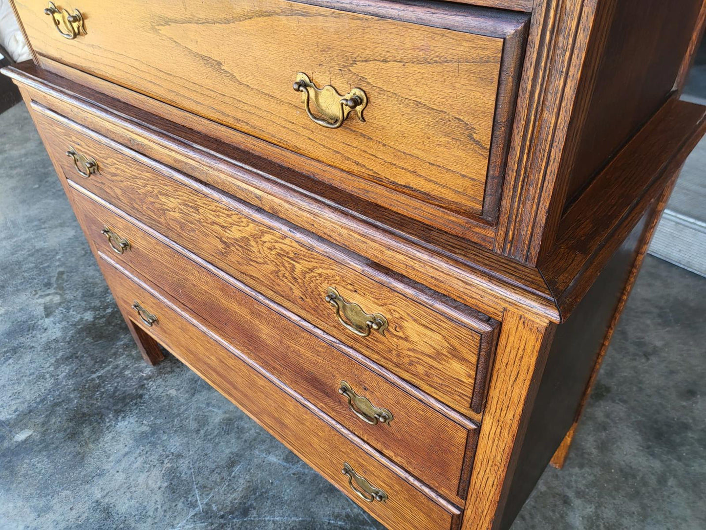 Vintage 1930's oak chest on chest of drawers metal handles
