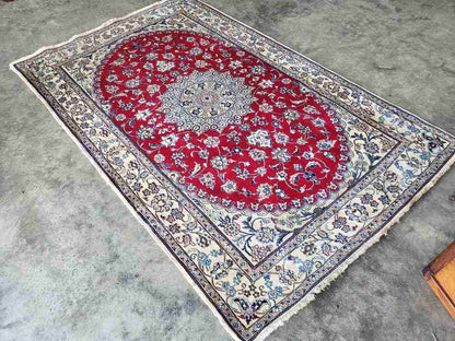 Vintage 20thC 100% wool. Thick pile room size carpet rug 9'7" x 6'5" red cream