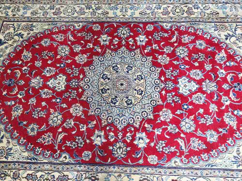 Vintage 20thC 100% wool. Thick pile room size carpet rug 9'7" x 6'5" red cream