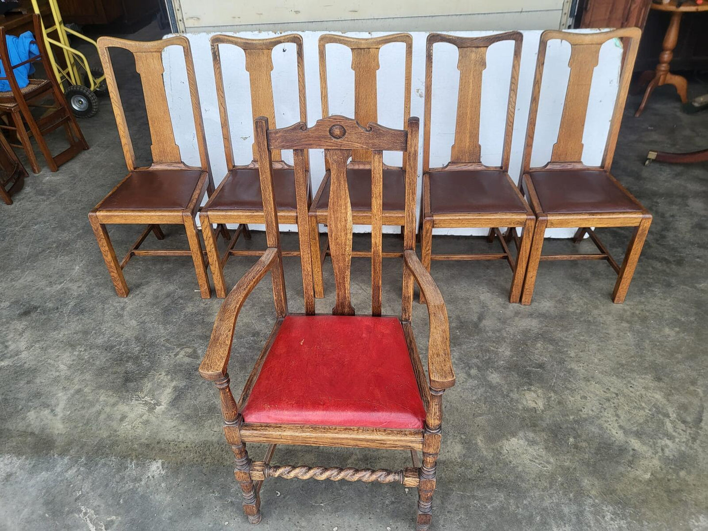 6 vintage high back oak dining chairs carver
