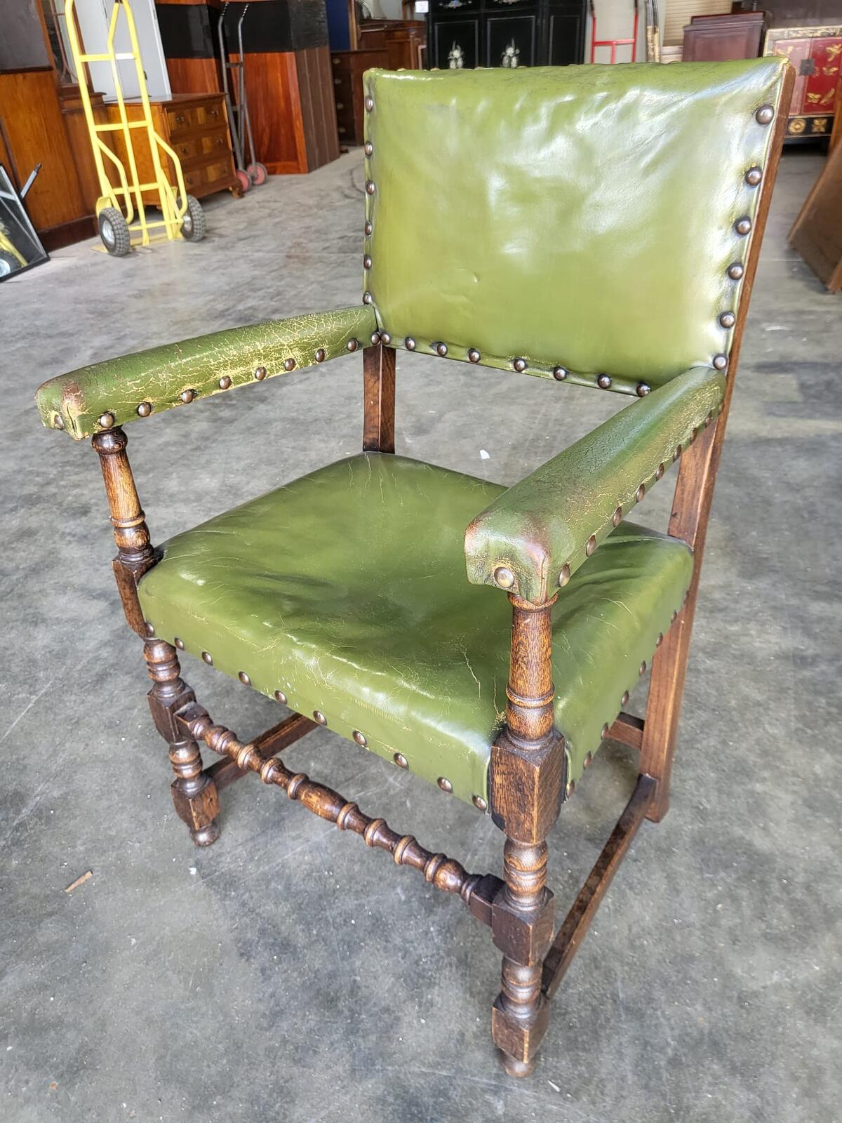 Vintage oak open green leather armchair carver