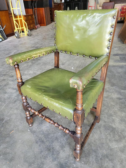 Vintage oak open green leather armchair carver