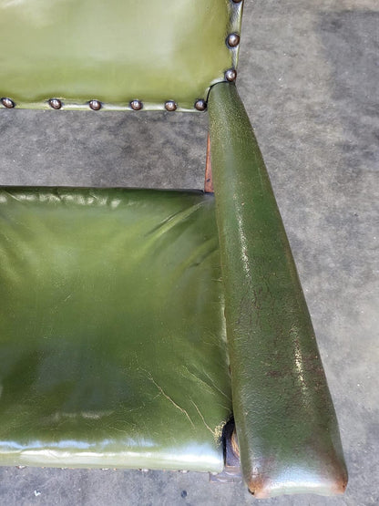 Vintage oak open green leather armchair carver