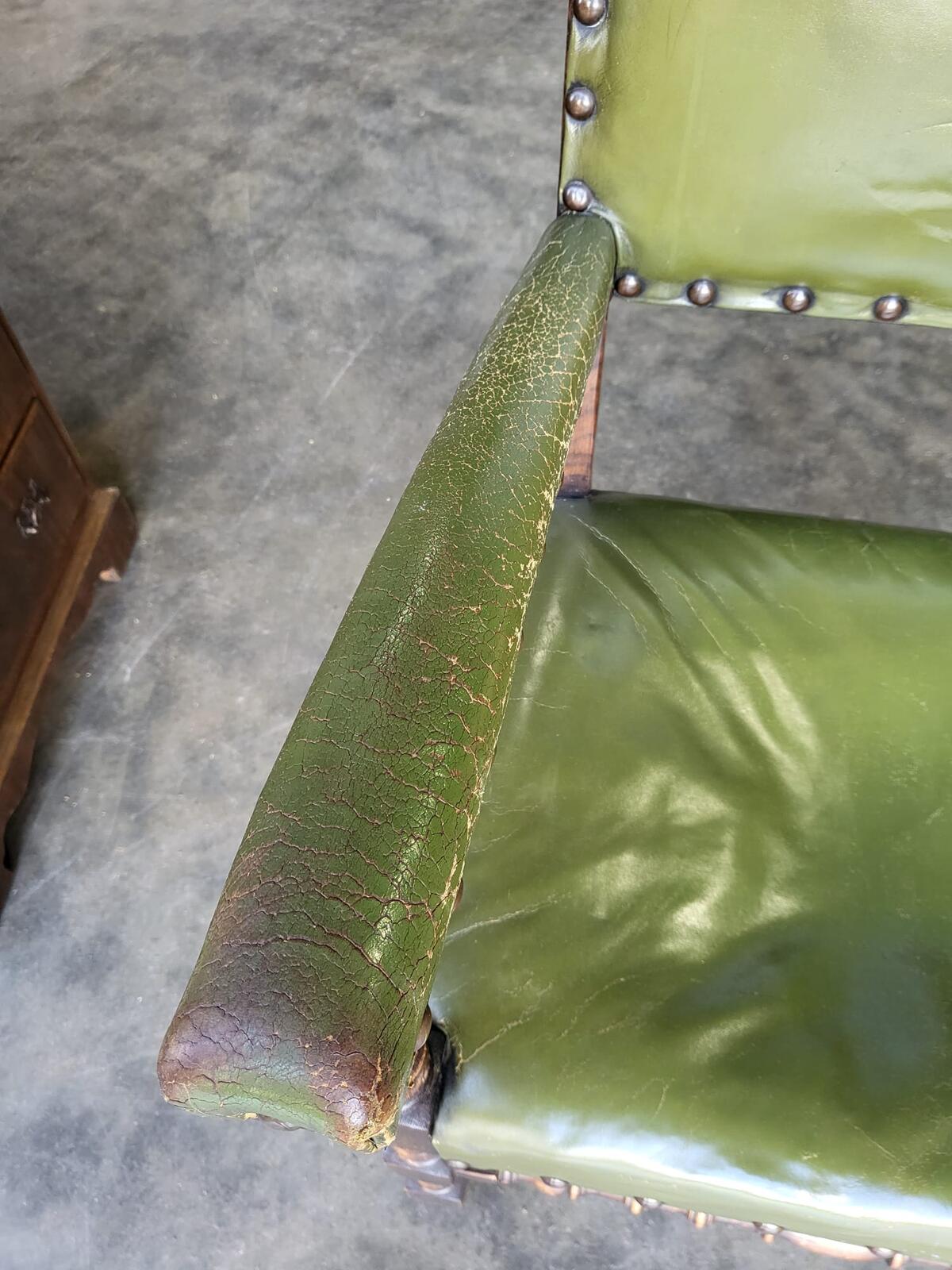 Vintage oak open green leather armchair carver