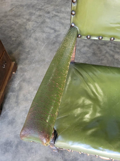 Vintage oak open green leather armchair carver