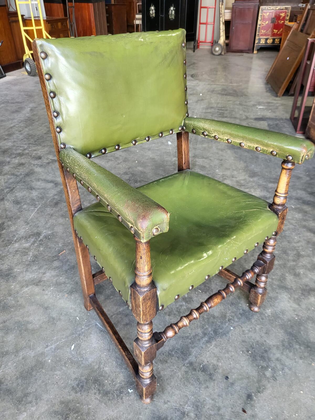 Vintage oak open green leather armchair carver