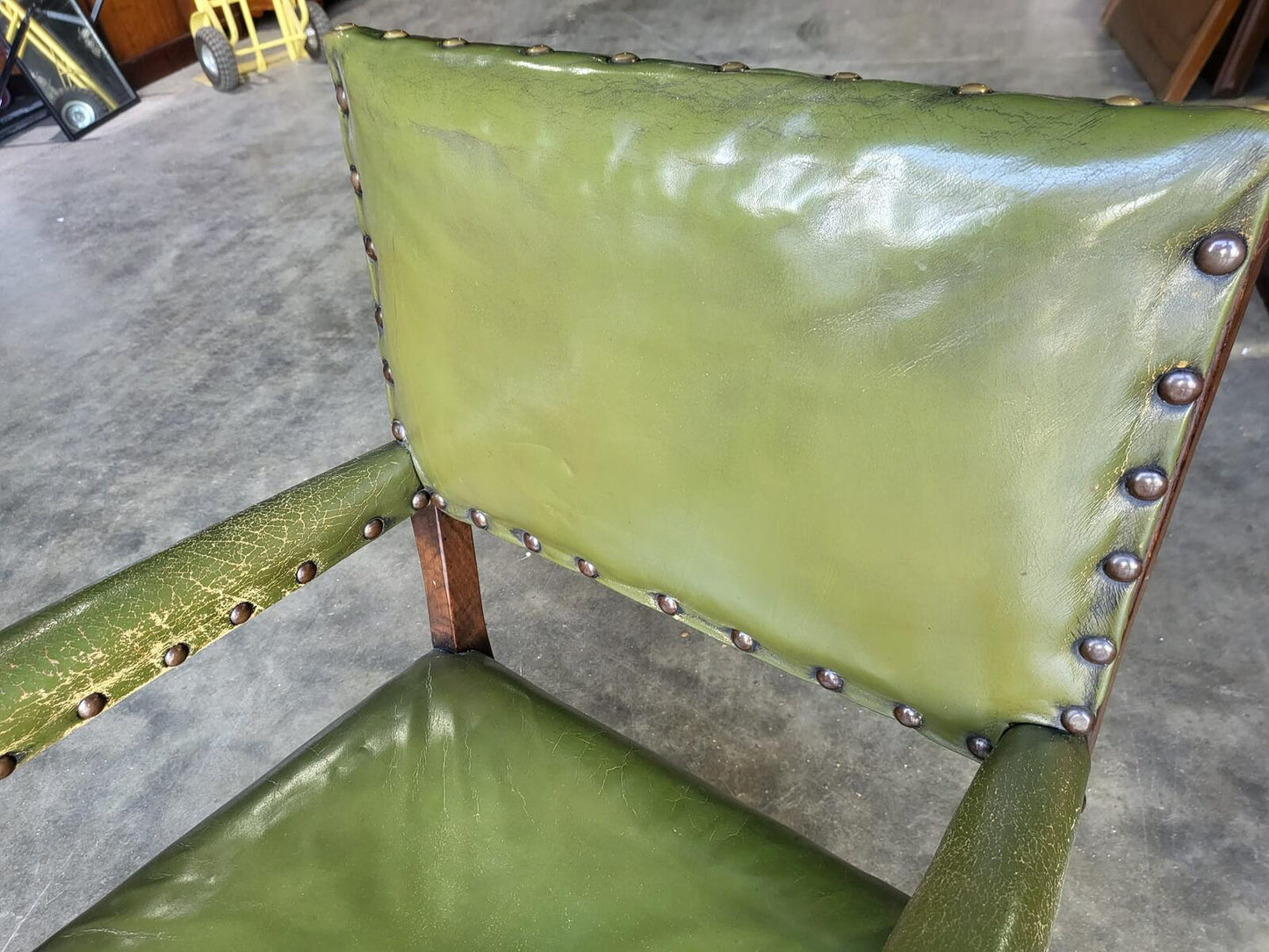 Vintage oak open green leather armchair carver