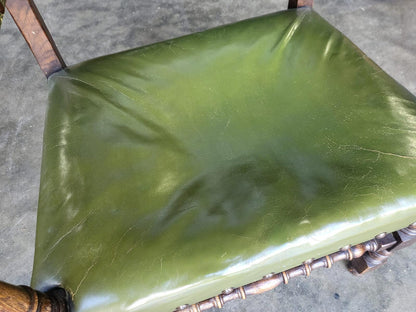 Vintage oak open green leather armchair carver