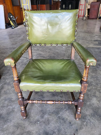 Vintage oak open green leather armchair carver