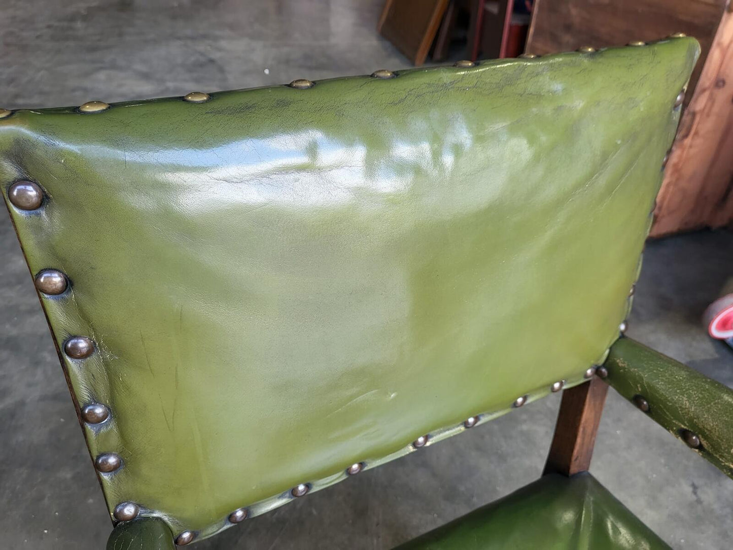 Vintage oak open green leather armchair carver