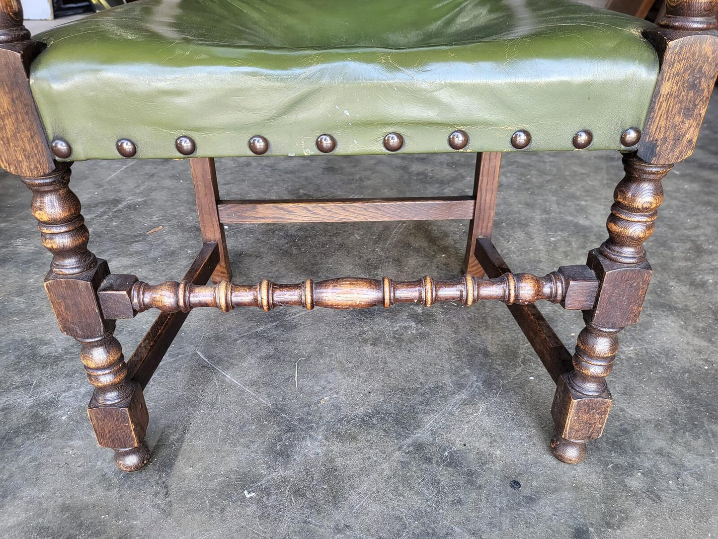 Vintage oak open green leather armchair carver