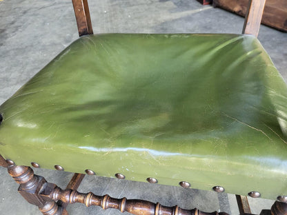 Vintage oak open green leather armchair carver
