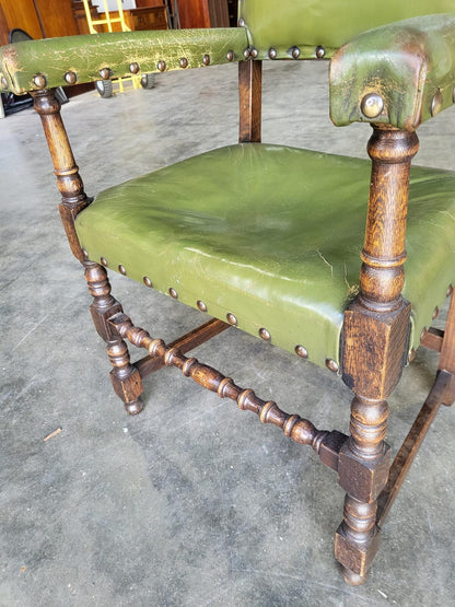 Vintage oak open green leather armchair carver