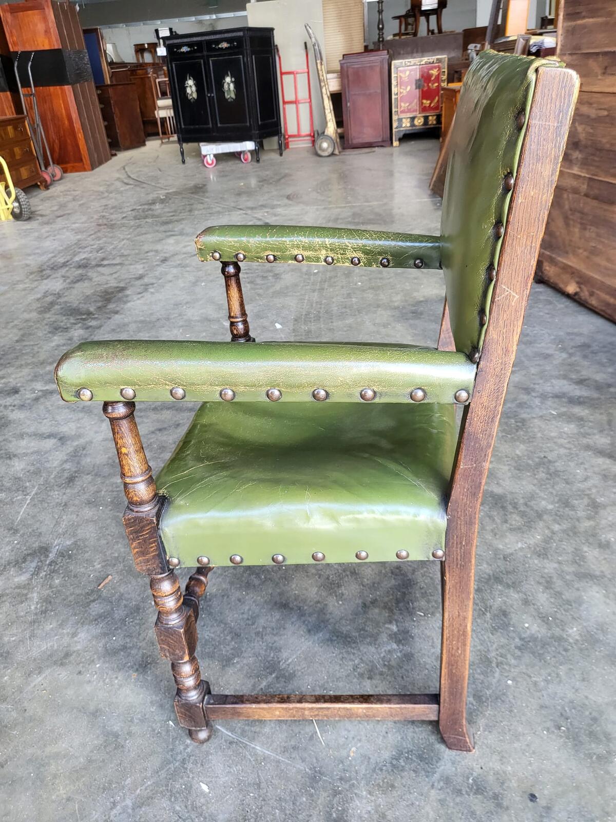 Vintage oak open green leather armchair carver