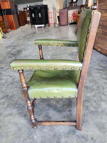 Vintage oak open green leather armchair carver