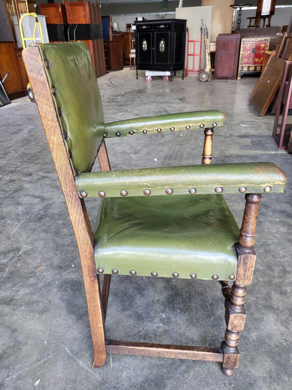 Vintage oak open green leather armchair carver