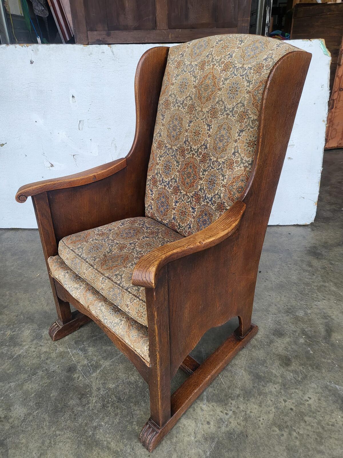 Vintage small country oak wing back arm chair fabric