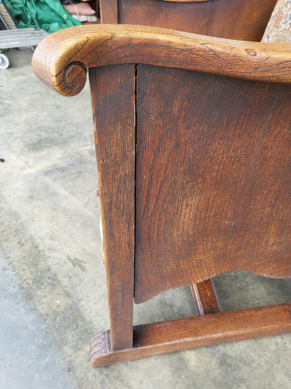 Vintage small country oak wing back arm chair fabric
