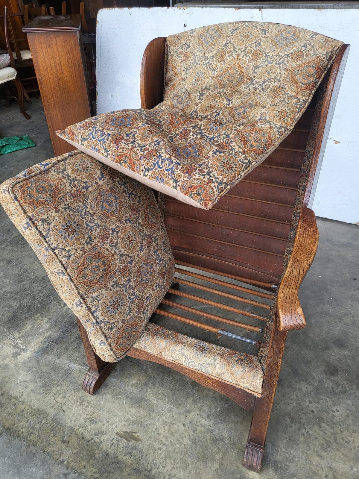 Vintage small country oak wing back arm chair fabric