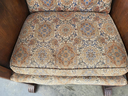 Vintage small country oak wing back arm chair fabric