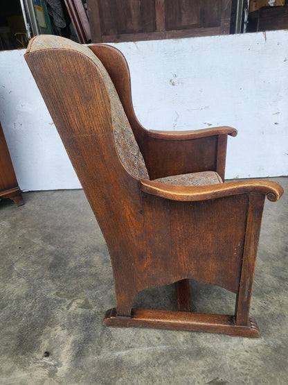 Vintage small country oak wing back arm chair fabric