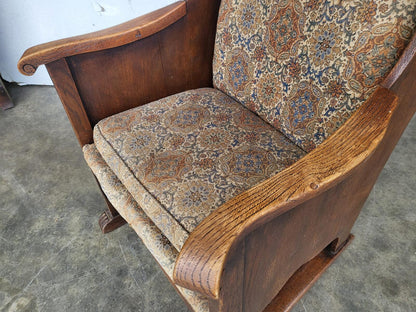 Vintage small country oak wing back arm chair fabric