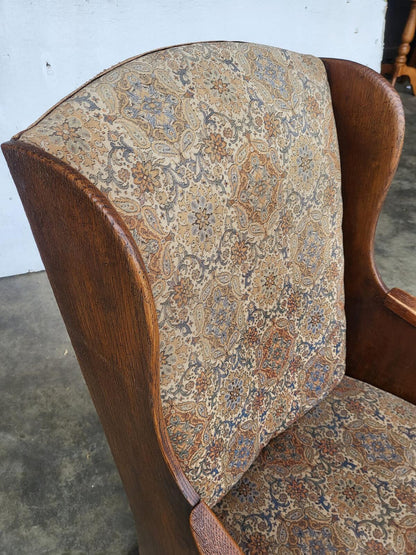 Vintage small country oak wing back arm chair fabric