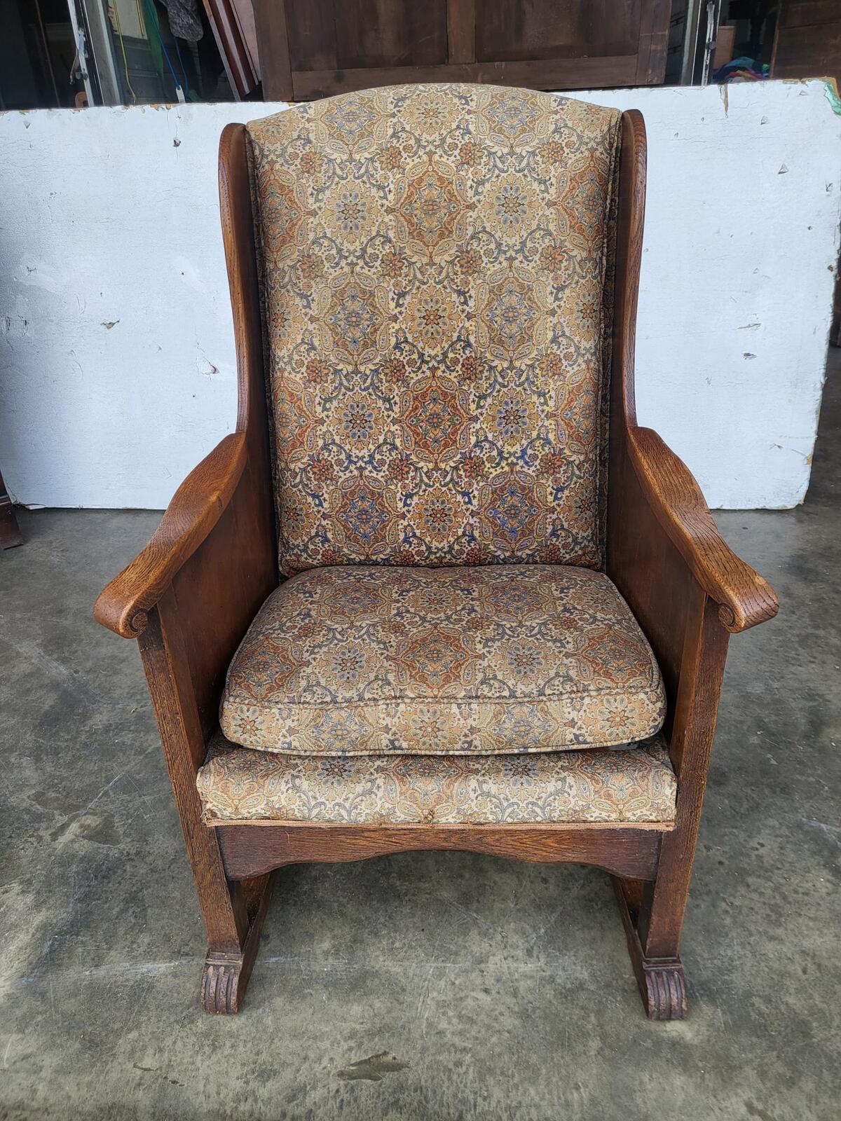 Vintage small country oak wing back arm chair fabric