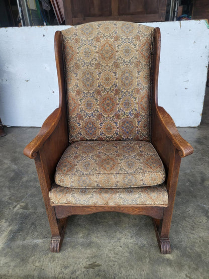 Vintage small country oak wing back arm chair fabric