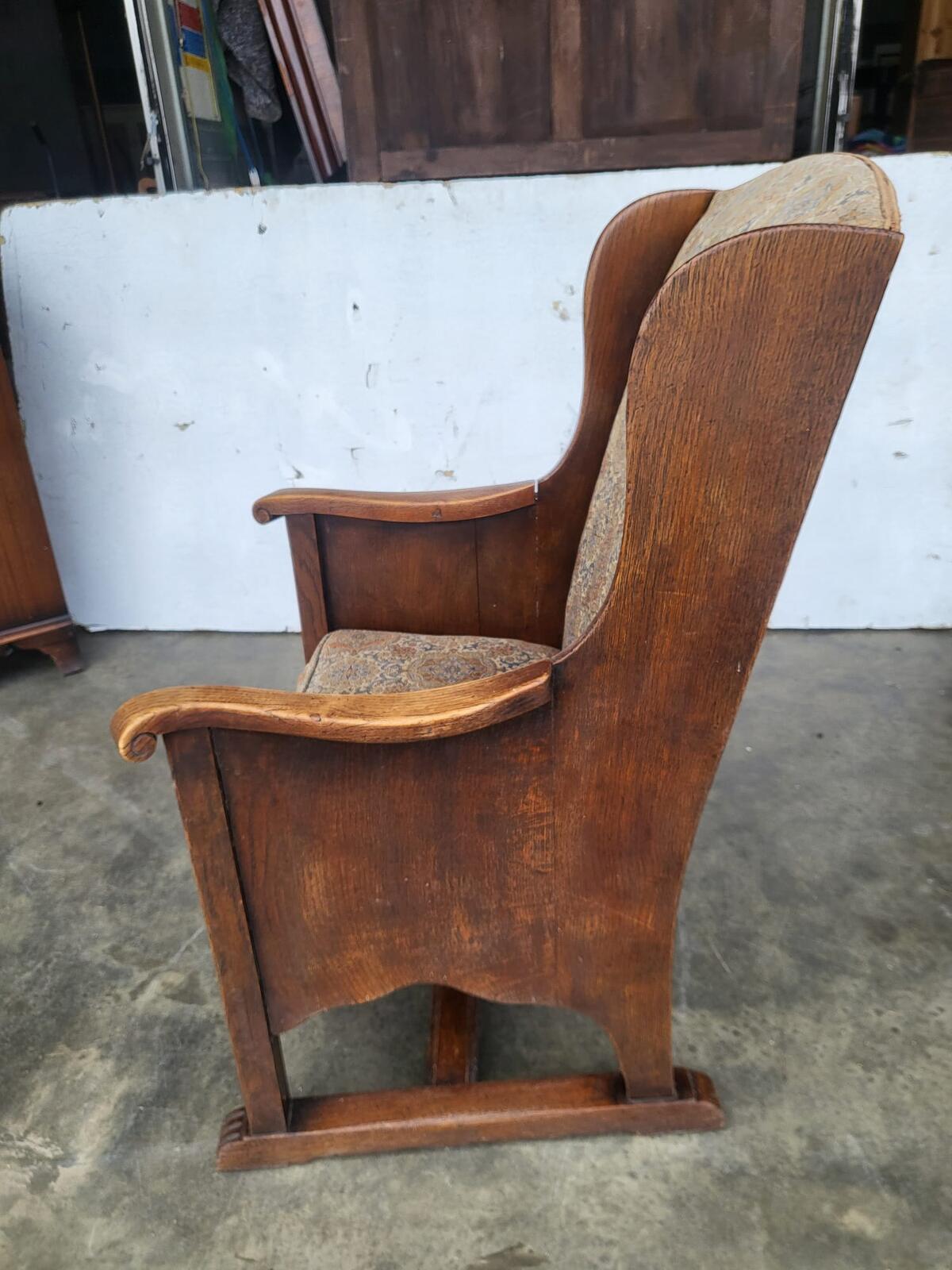 Vintage small country oak wing back arm chair fabric