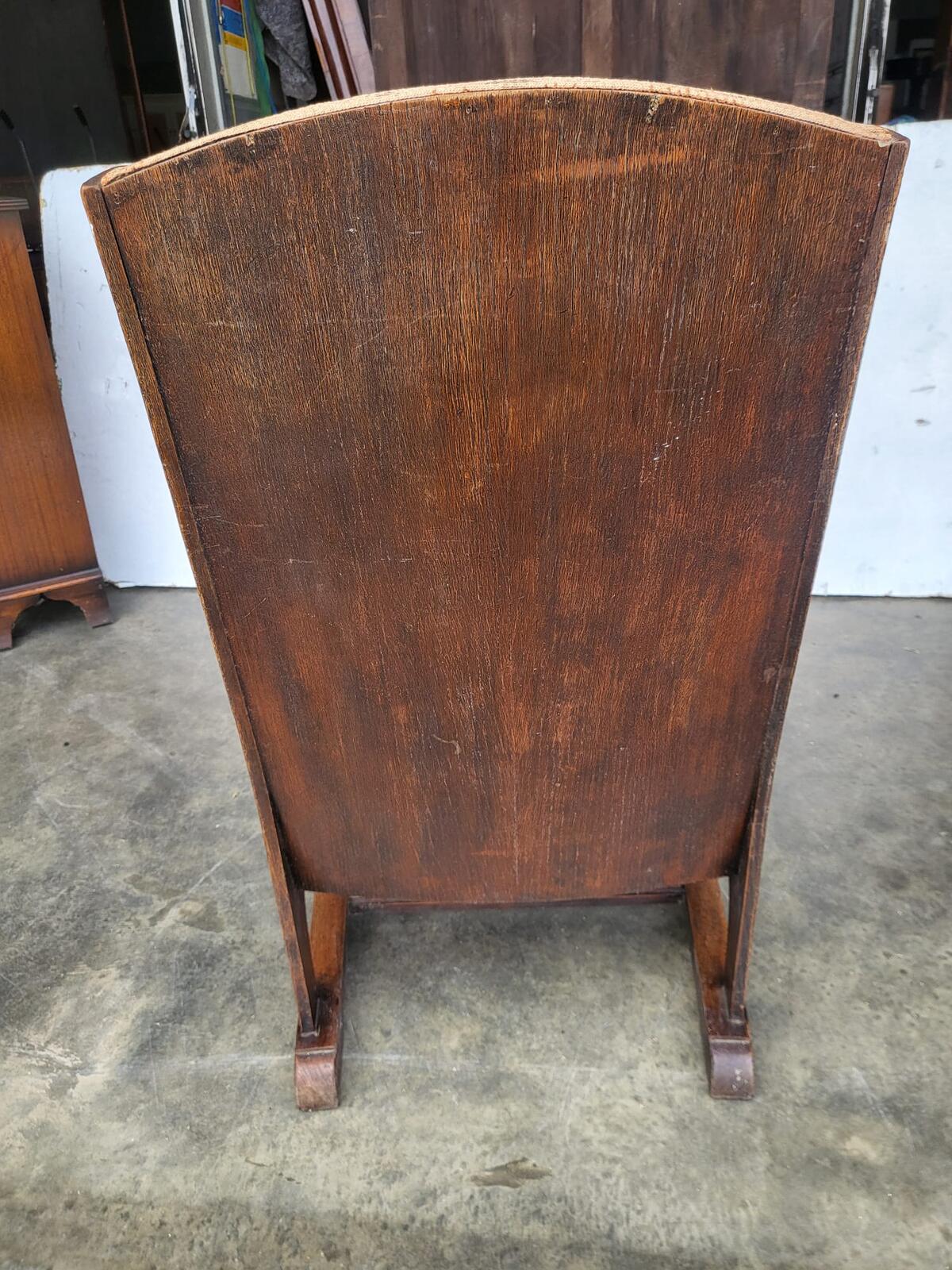 Vintage small country oak wing back arm chair fabric