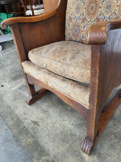 Vintage small country oak wing back arm chair fabric