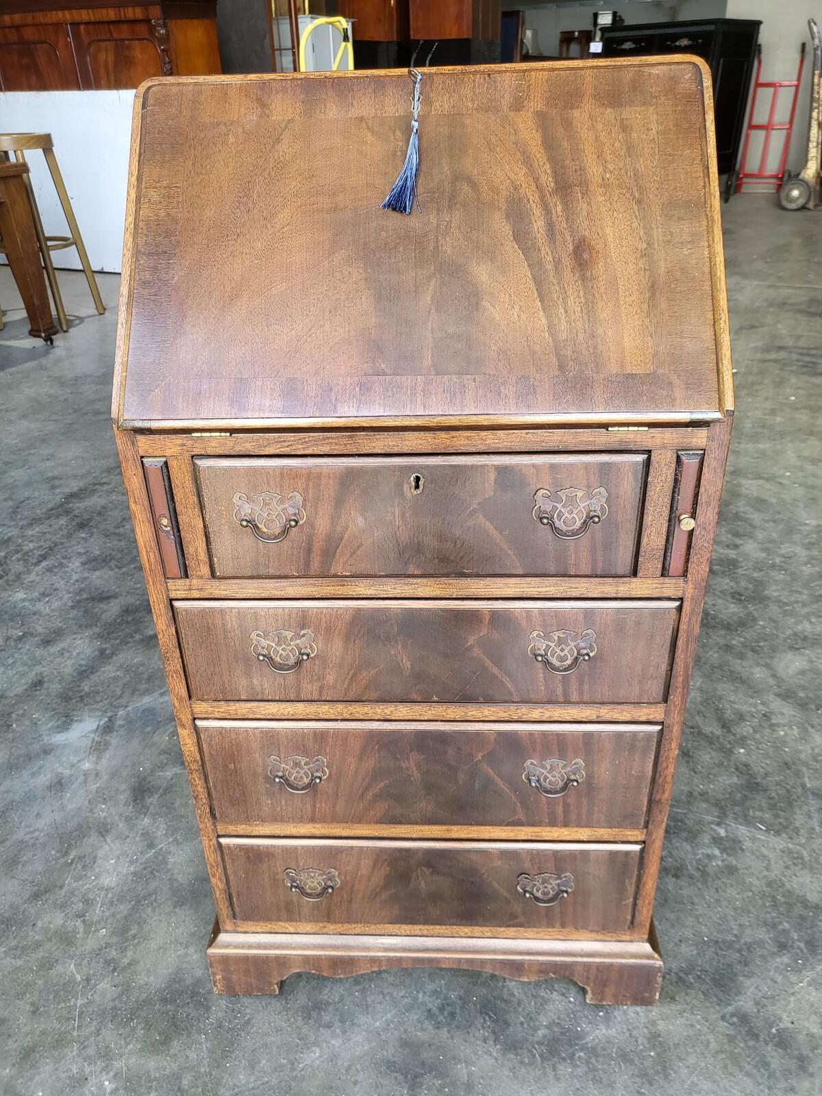 Vintage small thin slim bureau writing desk drawers