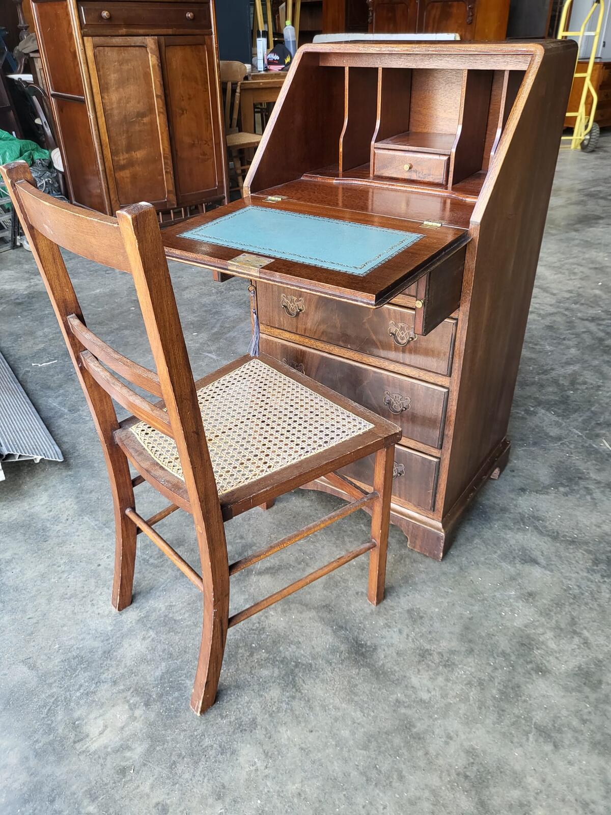 Vintage small thin slim bureau writing desk drawers