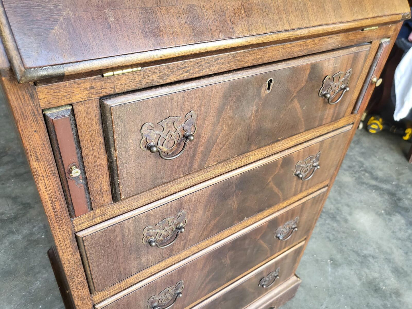 Vintage small thin slim bureau writing desk drawers