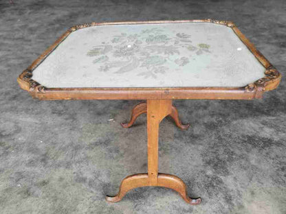 Vintage 20thc walnut tilt top embroidered needlework coffee side end table
