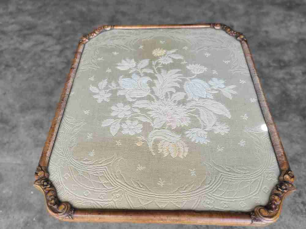 Vintage 20thc walnut tilt top embroidered needlework coffee side end table