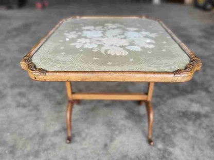 Vintage 20thc walnut tilt top embroidered needlework coffee side end table