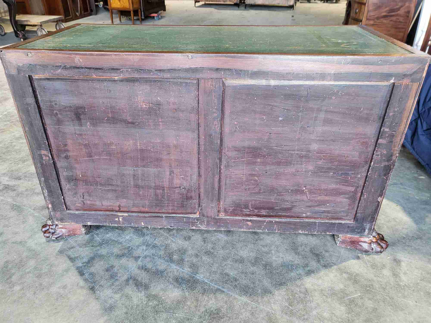 Antique Victorian knee hole writing desk claw feet leather top cupboard