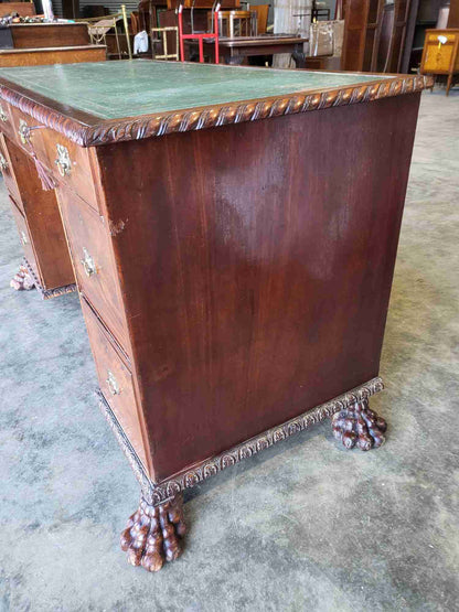 Antique Victorian knee hole writing desk claw feet leather top cupboard