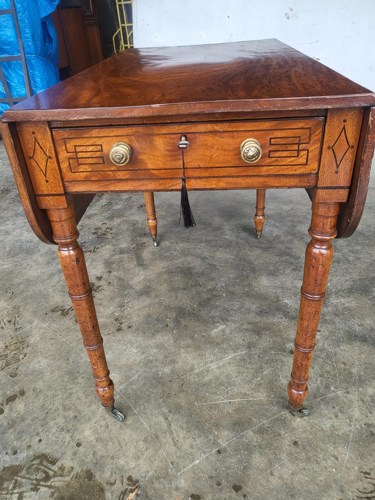 Antique Regency inlaid Pembroke drop leaf dining occasional table drawer