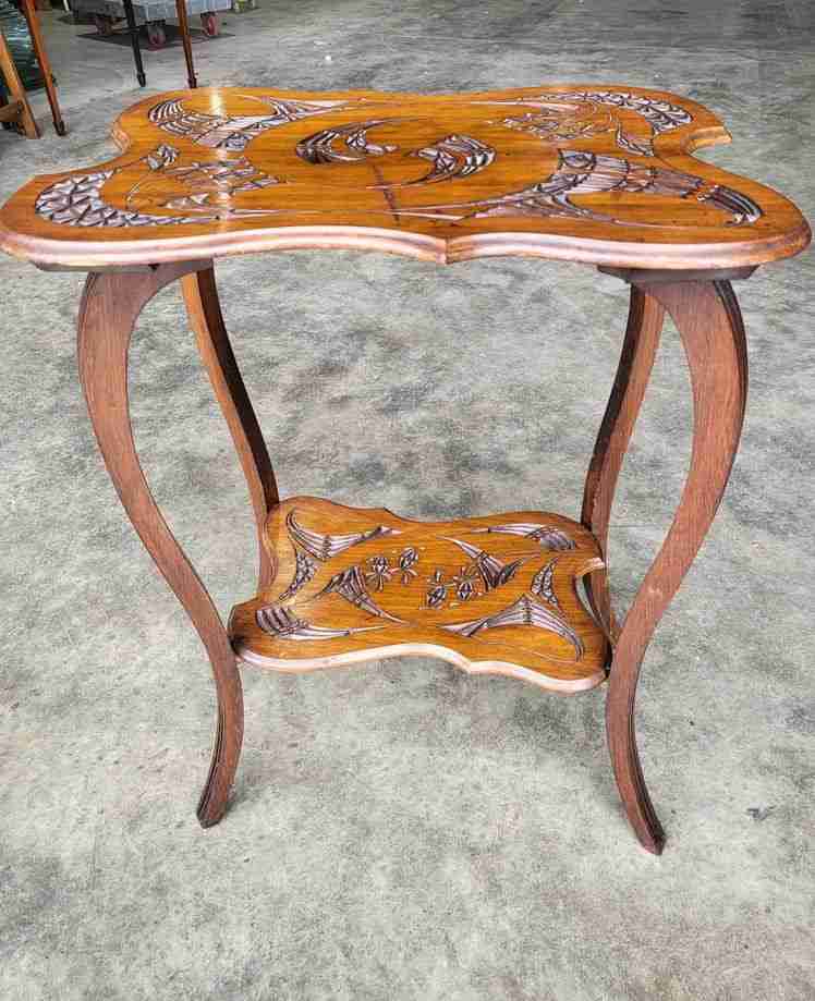 Antique Edwardian serpentine  carved 2 tier  side end lamp table cabriole legs