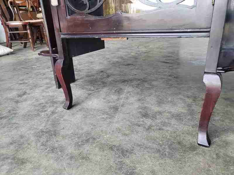 Antique serpentine glazed chiffonier sideboard cabinet velvet shelves