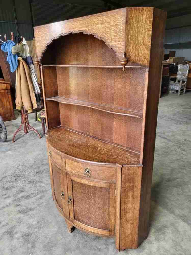 Antique repro oak bow front dresser cupboard drawers shelves cabinet