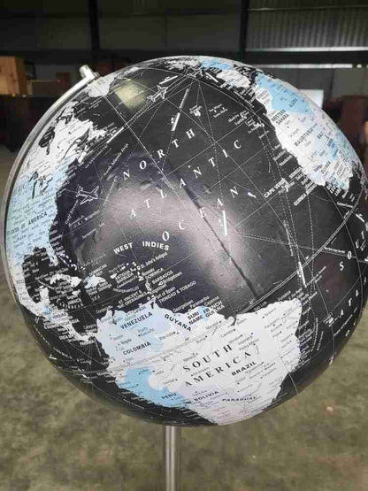 20thC World globe map chrome tall tripod stand floor standing
