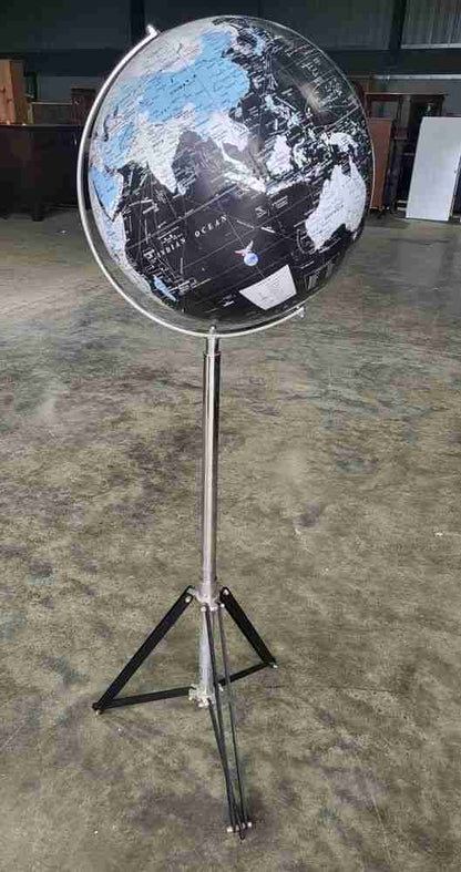 20thC World globe map chrome tall tripod stand floor standing