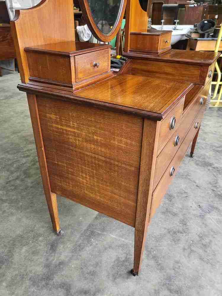 Antique Edwardian inlaid dressing table drawers oval mirror